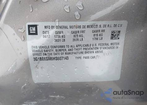 2017 Chevrolet Cruze Lt Auto from USA, damaged, VIN 3G1BE6SM6HS607143